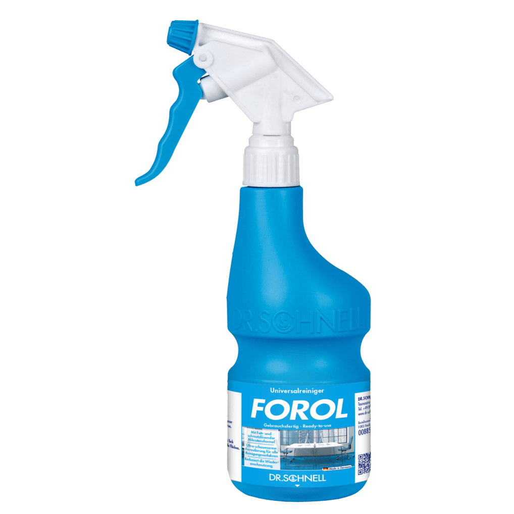 A blue-white Dr. Schnell hand sprayer empty 600 ml from DR.SCHNELL GmbH & Co. KGaA, with a blue trigger and a label with text and illustration of a clean interior, ideal for cleaning agent application.