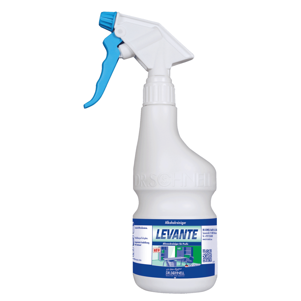 The Dr. Schnell hand sprayer empty 600 ml from DR.SCHNELL GmbH & Co. KGaA is a white plastic spray bottle with a blue trigger and "LEVANTE" label, depicted upright in front of a white background.