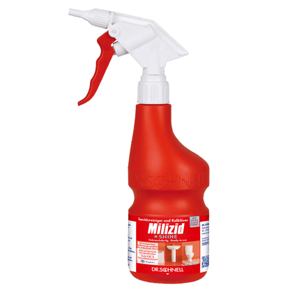 A red Dr. Schnell hand sprayer empty 600 ml from DR.SCHNELL GmbH & Co. KGaA with a blue-white-red German label for use as a cleaning agent.