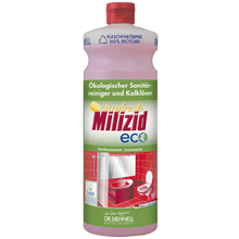 A 1-liter bottle of Dr. Schnell MILIZID CITROFRESH ECO sanitary cleaner by DR.SCHNELL GmbH & Co. KGaA, with a red cap, green and yellow label, and an image of a red-tiled washroom with a sink and toilet.