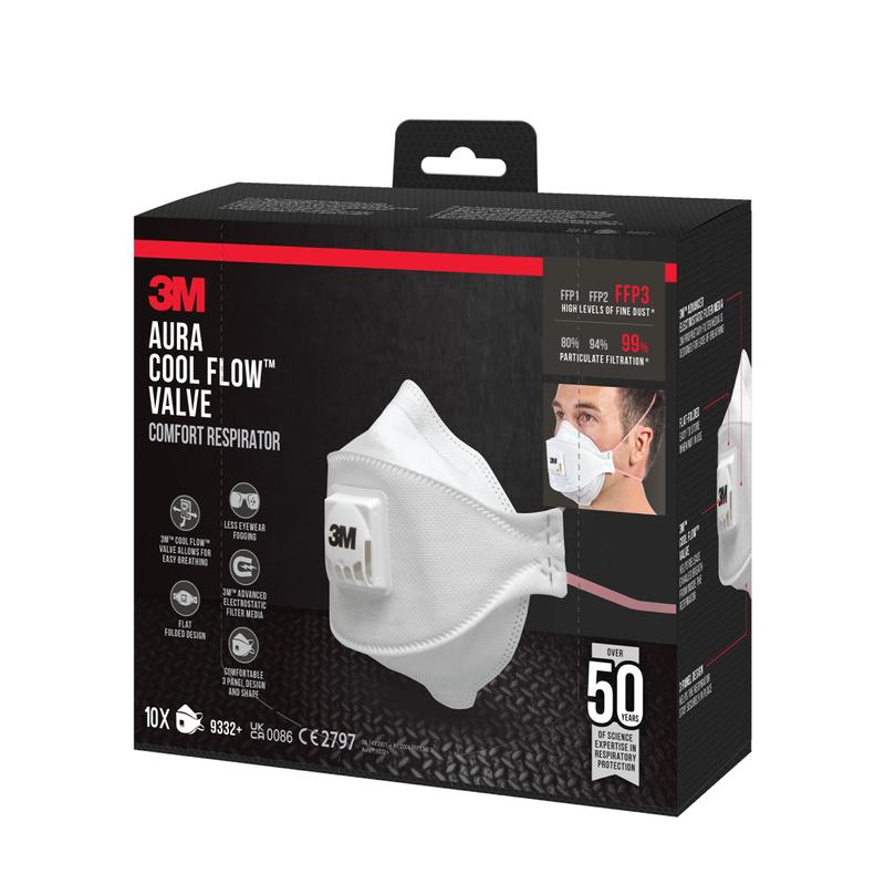Pictured is a box of the 3M™ Aura™ Comfort Cool Flow™ Particulate Respirator 9332+, FFP3, with valve from 3M Germany GmbH with images of the mask and a user. The box shows the FFP3 protection, 10 masks, and refers to 3M's over 50 years of experience.