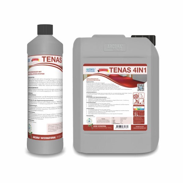 Pictured are two containers of the Arcora TENAS 4IN1 carpet cleaner with Encapsulation System from Arcora International GmbH: on the left a 1L bottle and on the right a 5L jug, both with red and white German labels for effective carpet cleaning.