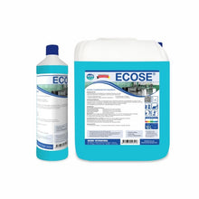 Pictured are two Arcora ECOSE ALCOHOL-SHINE CLEANERS WITH FRESH SCENT containers from Arcora International GmbH: a 1L bottle with a blue cap (left) and a 10L jug with a white cap (right), both with blue-white labels for streak-free cleaning.