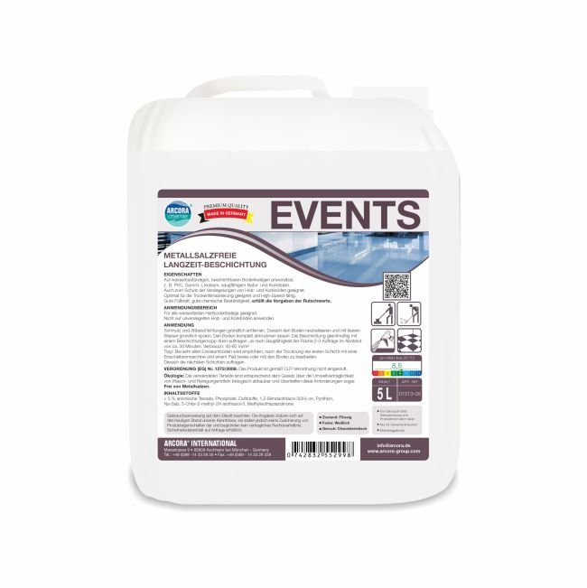 The Arcora Events metal salt-free long-term coating is delivered in a white 5-liter plastic canister with German instructions, QR code, floor symbols, and Arcora International GmbH logo. Ideal for professional applications with environmentally friendly coating.