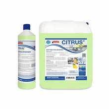Pictured are two containers of Arcora CITRUS FRESH NEUTRAL CLEANER from Arcora International GmbH: a 1-liter bottle and a 10-liter canister, both with blue caps and labels that show cleaned surfaces, lemons, and a fresh citrus scent.