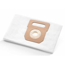 An Arcora M5Plus fleece filter bag 3-ply vacuum cleaner bag (pack of 10 pieces, Arcora International GmbH) with a brown cardboard collar and round opening lies flat on a white surface.