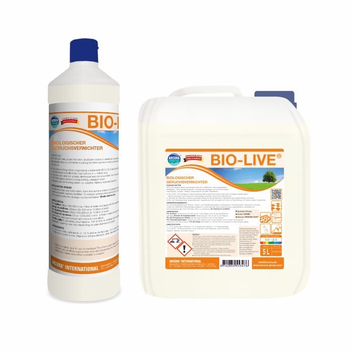 A white bottle and a 5-liter container of Arcora BIO-LIVE Biological Cleaner and Odor Eliminator from Arcora International GmbH, with orange/blue labels - ideal for environmentally friendly cleaning and effective odor removal.