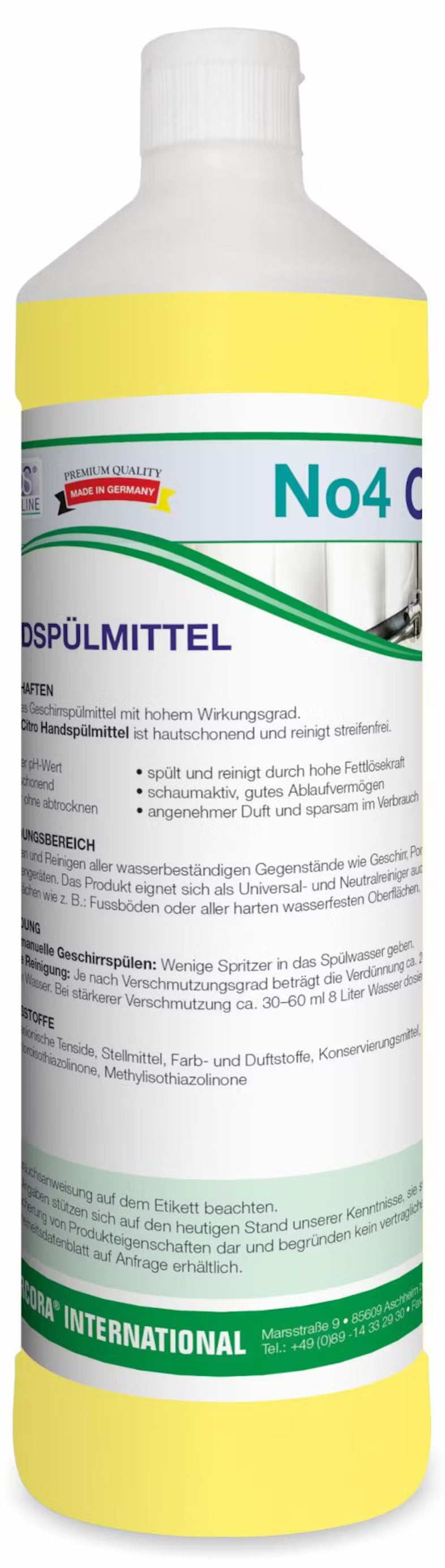 A yellow bottle of Arcora No4 Citro hand dishwashing liquid from Arcora International GmbH from Germany, with a white cap and detailed German label with instructions, ingredients, and safety information.