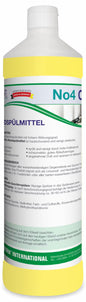 A yellow bottle of Arcora No4 Citro hand dishwashing liquid from Arcora International GmbH from Germany, with a white cap and detailed German label with instructions, ingredients, and safety information.