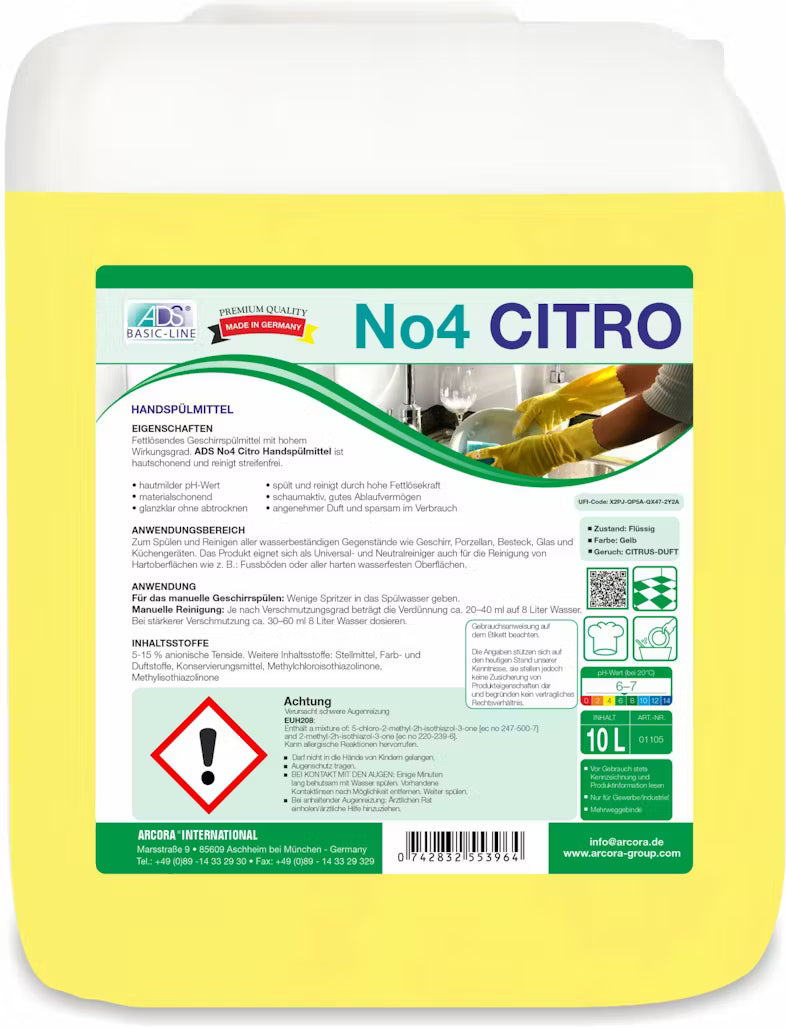 A yellow 10-liter container of Arcora No4 Citro hand dishwashing liquid from Arcora International GmbH, labeled in German with images, describes it as a skin-friendly hand dishwashing liquid and contains safety warnings, instructions, and information about the ingredients.