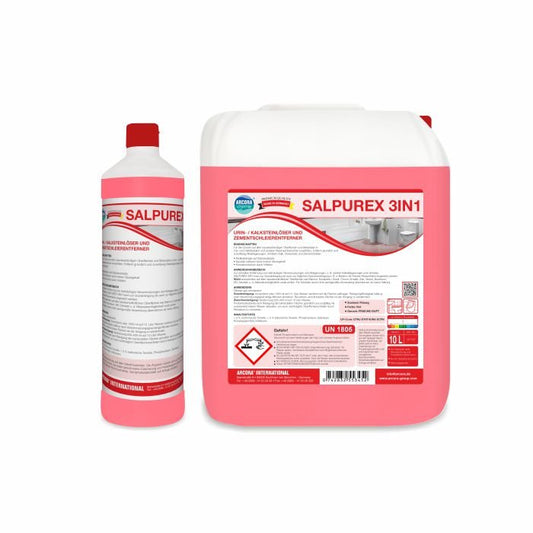 Two containers of Arcora SALPUREX 3IN1 RADICAL SANITARY DEEP CLEANER BASED ON HYDROCHLORIC ACID from Arcora International GmbH, a bottle and a canister, bear red-white labels with hazard symbols and German descaler instructions.