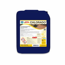 A blue 10-liter canister of Arcora Chlorado kitchen cleaner with active chlorine from Arcora International GmbH. The German label contains instructions for use, hazard symbols, and detailed product information.
