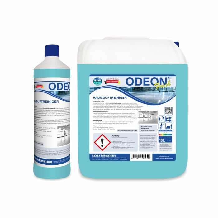 Two bottles of Arcora ODEON FRESH ROOM FRAGRANCE CLEANER from Arcora International GmbH - one large and one small - contain blue liquid. Their white labels contain product information, safety warnings, and clean images of interiors, perfect as air fresheners.