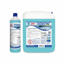 Two bottles of Arcora ODEON FRESH ROOM FRAGRANCE CLEANER from Arcora International GmbH - one large and one small - contain blue liquid. Their white labels contain product information, safety warnings, and clean images of interiors, perfect as air fresheners.