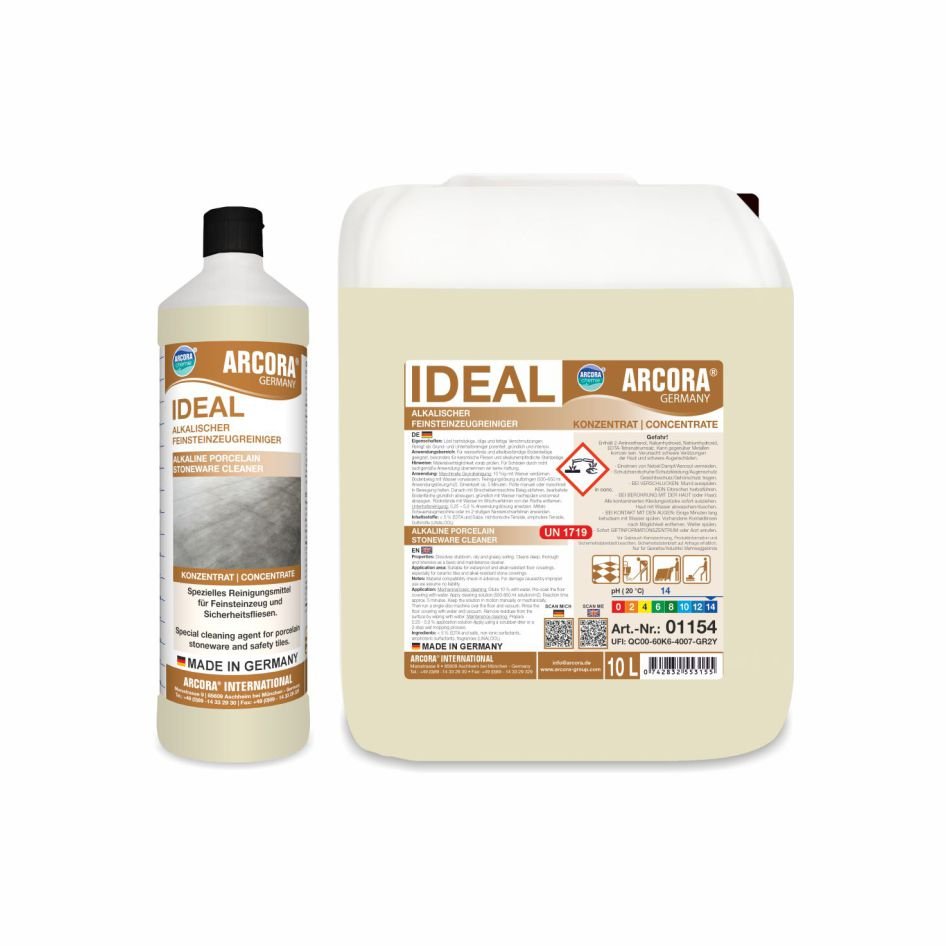 Pictured are two containers of Arcora IDEAL ALKALINE PORCELAIN STONEWARE CLEANER from Arcora International GmbH - a 1L bottle with a black cap and a 10L jug. Both feature detailed labels with text and hazard symbols, ideal for cleaning porcelain stoneware.