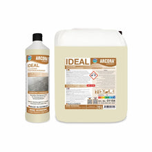 Pictured are two containers of Arcora IDEAL ALKALINE PORCELAIN STONEWARE CLEANER from Arcora International GmbH - a 1L bottle with a black cap and a 10L jug. Both feature detailed labels with text and hazard symbols, ideal for cleaning porcelain stoneware.