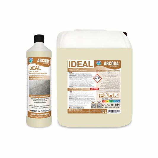 Pictured are two containers of Arcora IDEAL ALKALINE PORCELAIN STONEWARE CLEANER from Arcora International GmbH - a 1L bottle with a black cap and a 10L jug. Both feature detailed labels with text and hazard symbols, ideal for cleaning porcelain stoneware.