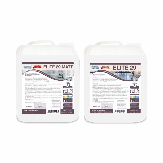 Two white 5-liter containers labeled "Arcora Elite 29" offer a disinfectant and alcohol-resistant floor coating, ideal for indoor use at Arcora International GmbH.