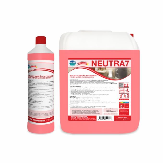 Two Arcora NEUTRA 7 containers - a tall bottle with a red cap and a large jug - are depicted, both with German labels as "NEUTRAL SANITARY FRAGRANCE CLEANER FOR MAINTENANCE CLEANING" by Arcora International GmbH.