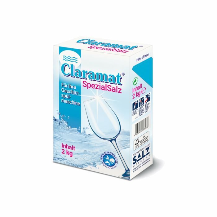 Presented is a 2 kg pack of Arcora Claramat Try Special Salt For All Dishwashers from Arcora International GmbH. The white-blue pack with glass and water splash promotes effective lime removal for shiny dishes.