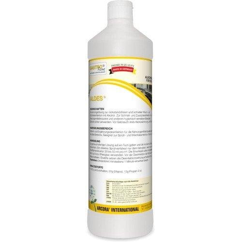 A white 1-liter bottle labeled "Arcora Aldes Alcoholic Quick Disinfection For The Food Sector" from Arcora International GmbH is equipped with a German instruction manual, a red "Premium Quality Made in Germany" badge, and warning notices on the label.
