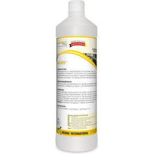 A white 1-liter bottle labeled "Arcora Aldes Alcoholic Quick Disinfection For The Food Sector" from Arcora International GmbH is equipped with a German instruction manual, a red "Premium Quality Made in Germany" badge, and warning notices on the label.