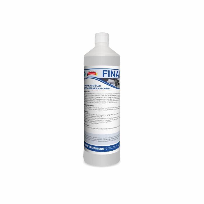 A white 1L plastic bottle labeled "Arcora Finalin Intensive Rinse Aid For Dishwashers" from Arcora International GmbH, with blue lettering and a washing machine image, ensures shiny dishes and includes detailed instructions for use.