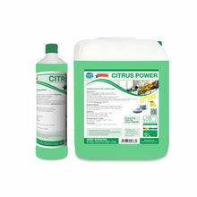 Visible are two Arcora CITRUS POWER HAND DISHWASHING LIQUIDS from Arcora International GmbH: on the left, a 1-liter bottle with green accents and on the right, a 10-liter rectangular canister, both labeled for powerful washing.
