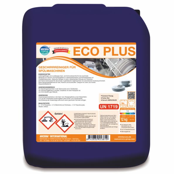 A 12 kg package of Arcora Eco Plus dishwasher cleaner for dishwashers from Arcora International GmbH, labeled in German with hazard symbols and usage instructions for dishwashers.