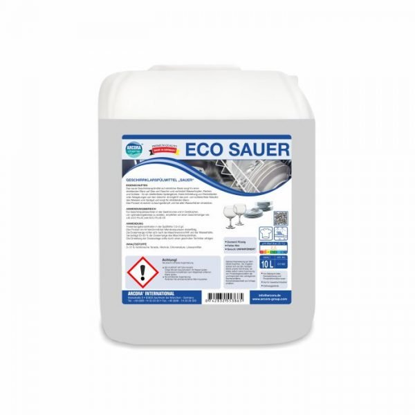 A white 10-liter canister labeled "Arcora Eco Sauer Dishwashing Rinse 'Sauer'" from Arcora International GmbH contains product information, hazard symbols, instructions for use, images of clean dishes, and a blue-gray, eco-friendly label with various symbols.