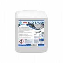 A white 10-liter canister labeled "Arcora Eco Sauer Dishwashing Rinse 'Sauer'" from Arcora International GmbH contains product information, hazard symbols, instructions for use, images of clean dishes, and a blue-gray, eco-friendly label with various symbols.
