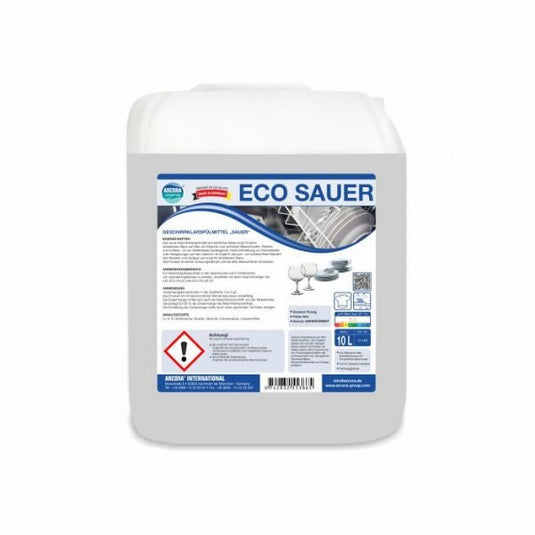 A white 10-liter canister labeled "Arcora Eco Sauer Dishwashing Rinse 'Sauer'" from Arcora International GmbH contains product information, hazard symbols, instructions for use, images of clean dishes, and a blue-gray, eco-friendly label with various symbols.