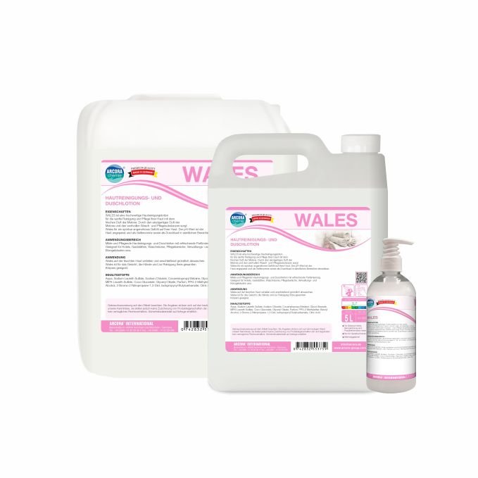 The three white containers of Arcora WALES SKIN CLEANSING AND SHOWER LOTION from Arcora International GmbH - pump bottle, medium jug, and large jug - are labeled with pink and white labels and are suitable for gentle cleansing of all skin types.