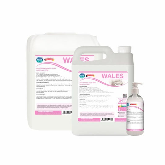 Three Arcora WALES SKIN CLEANSING AND SHOWER LOTION containers from Arcora International GmbH - pump bottle, jug, and canister with white and pink lettering - mild shower lotion for all skin types.