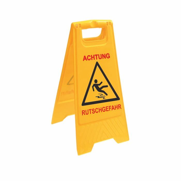 The Arcora Standard Yellow Warning Sign from Arcora International GmbH, available in a box of 20, warns with a slipping figure and "Caution Slippery Floor" of slippery floors and increases workplace safety.