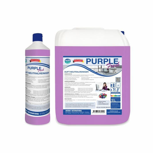 A 1-liter bottle and a 10-liter canister of Arcora PURPLE FRESH SCENT-NEUTRAL CLEANER from Arcora International GmbH, a pH-neutral purple cleaner with blue, white, and red product labels.