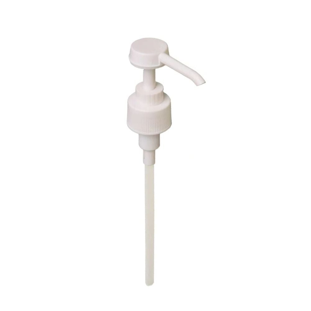 The Dr. Schumacher dosing pump for 500 / 1000 ml by Dr. Schumacher GmbH is a white plastic pump with a long tube for precise dosing of liquids from dispenser bottles. Available in a pack of 10.