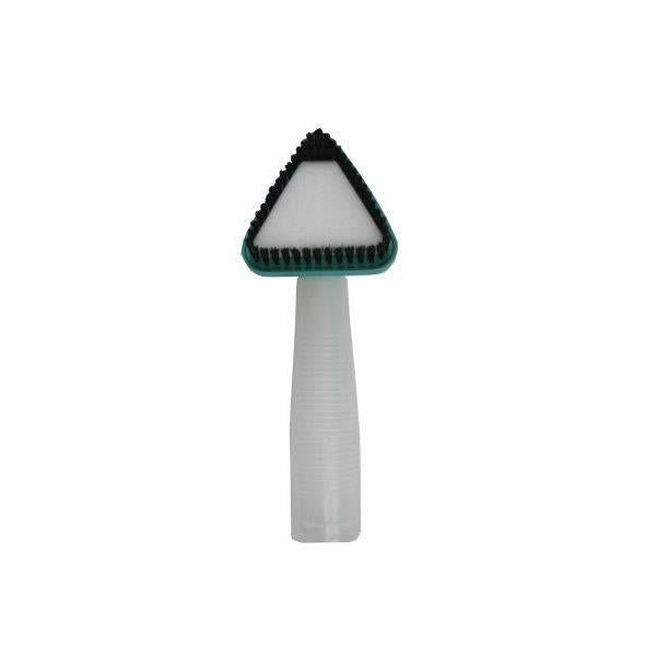 The Arcora Tenas hand brush including dosing handle from Arcora International GmbH features a triangular white scrubbing head with black bristles and a transparent ribbed handle - ideal for cleaning surfaces. Package: 1 piece.