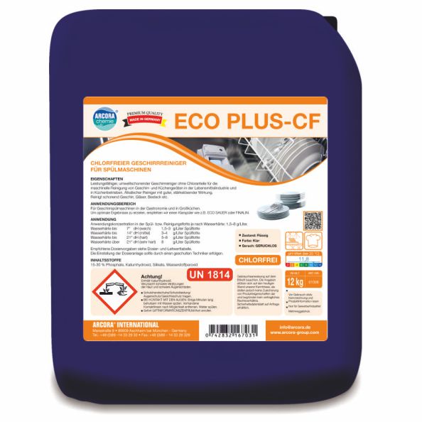 A blue 12-kg container of Arcora Eco Plus-Cf Chlorine-Free Dishwasher Detergent for dishwashers from Arcora International GmbH, with product details, safety symbols, instructions, and images of spotlessly clean dishes on the label.