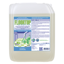 A large, transparent plastic container with the label "Dr. Schnell Floortop Sensitive, high-performance floor cleaner, fragrance-free" from DR.SCHNELL GmbH & Co. KGaA is equipped with a green cap, multilingual information, and a cleaning illustration on the front.