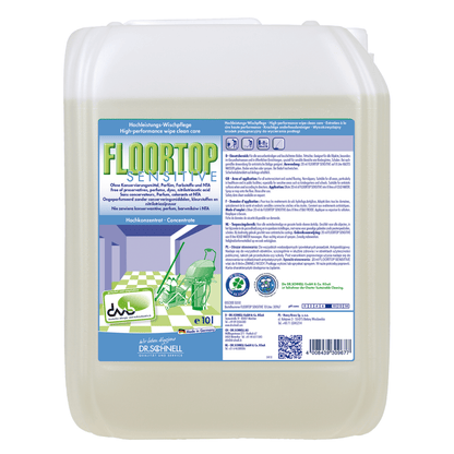 A large, transparent plastic container with the label "Dr. Schnell Floortop Sensitive, high-performance floor cleaner, fragrance-free" from DR.SCHNELL GmbH & Co. KGaA is equipped with a green cap, multilingual information, and a cleaning illustration on the front.
