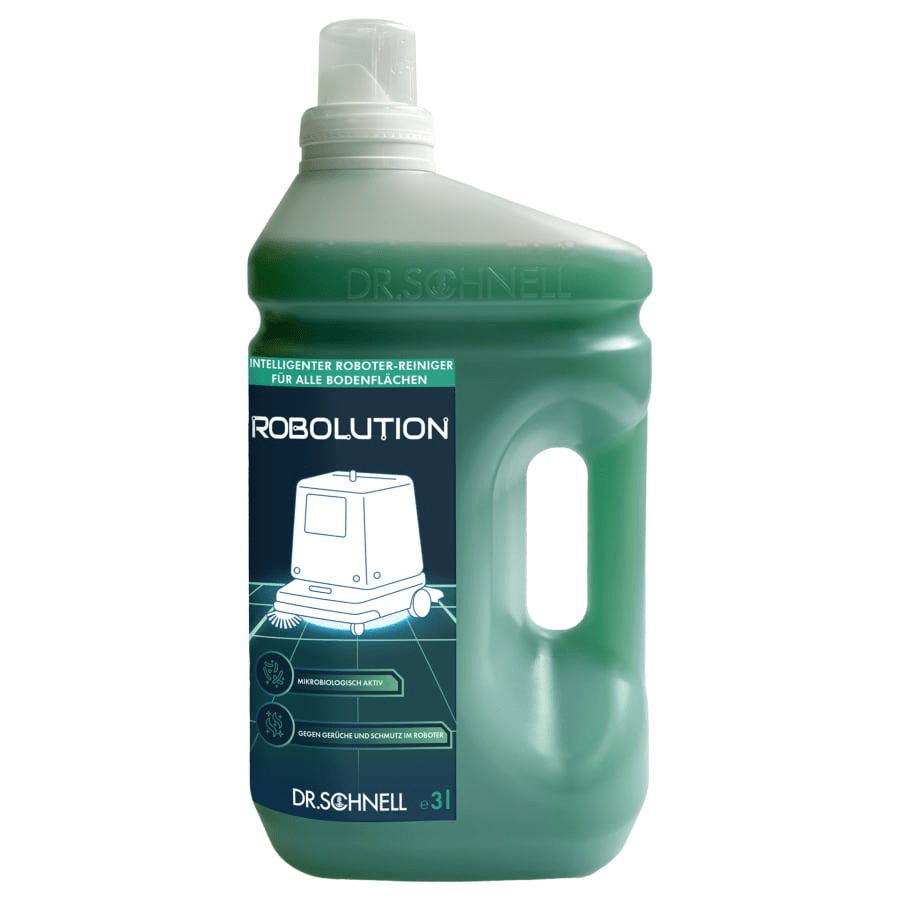 A large green 3-liter plastic bottle from DR.SCHNELL GmbH & Co. KGaA Robolution 2-in-1 Robot Cleaner, with a handle, white cap, and a label showing a line drawing of a cleaning robot and German product information.