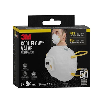 The 3M™ Cool Flow™ Particulate Respirator 8812, FFP1 with valve, 3-pack from 3M Deutschland GmbH is delivered in a box with mask images and user illustration. Each pack contains three respirators designed for comfortable respiratory protection.