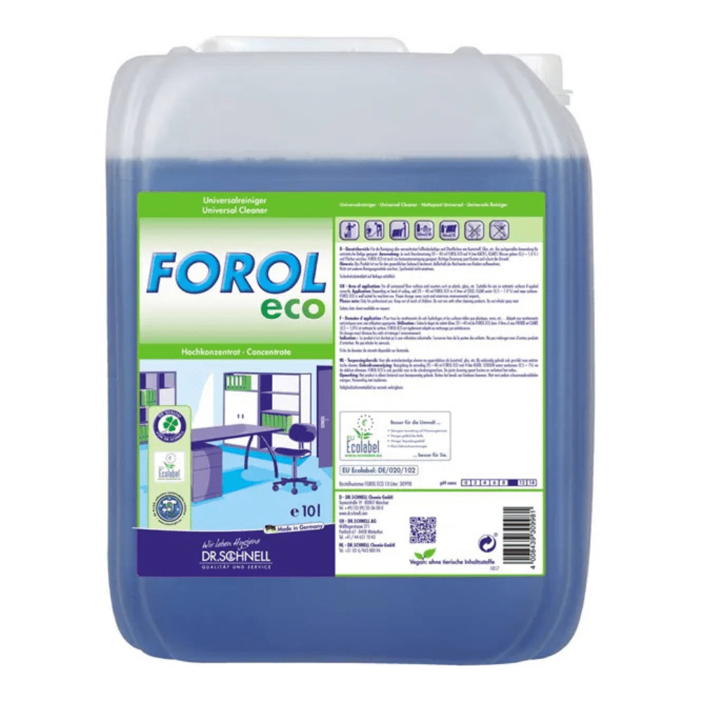 A 10-liter container of DR.SCHNELL GmbH & Co. KGaA Dr. Schnell FOROL ECO Universal Cleaner, ecological for surfaces, with blue liquid and a label with product information, certification logos, and an office illustration.