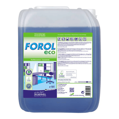 A 10-liter container of DR.SCHNELL GmbH & Co. KGaA Dr. Schnell FOROL ECO Universal Cleaner, ecological for surfaces, with blue liquid and a label with product information, certification logos, and an office illustration.