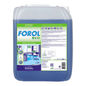 A 10-liter container of DR.SCHNELL GmbH & Co. KGaA Dr. Schnell FOROL ECO Universal Cleaner, ecological for surfaces, with blue liquid and a label with product information, certification logos, and an office illustration.