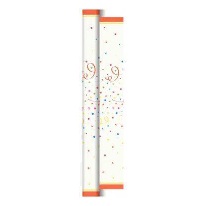 Two Duni Dunicel tablecloth rolls (0.90 m x 40 m) from Duni GmbH in white with orange ends and multicolored confetti and swirl pattern are presented side by side on a white background.