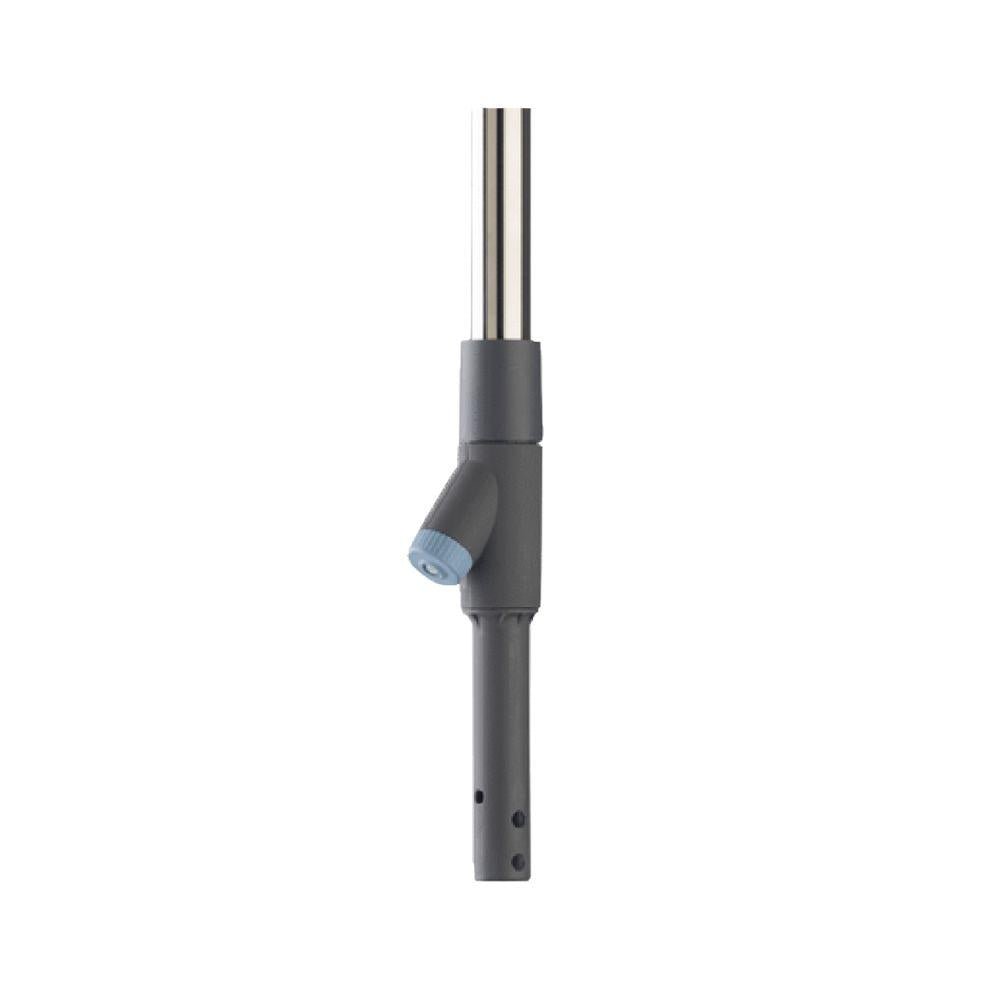 A close-up of an adjustable rod in gray and silver with a button and two holes at the bottom resembles the Vileda Professional SprayPro stainless steel mop holder, part of Vileda GmbH's floor cleaning system, which features a sleek and modern appearance.