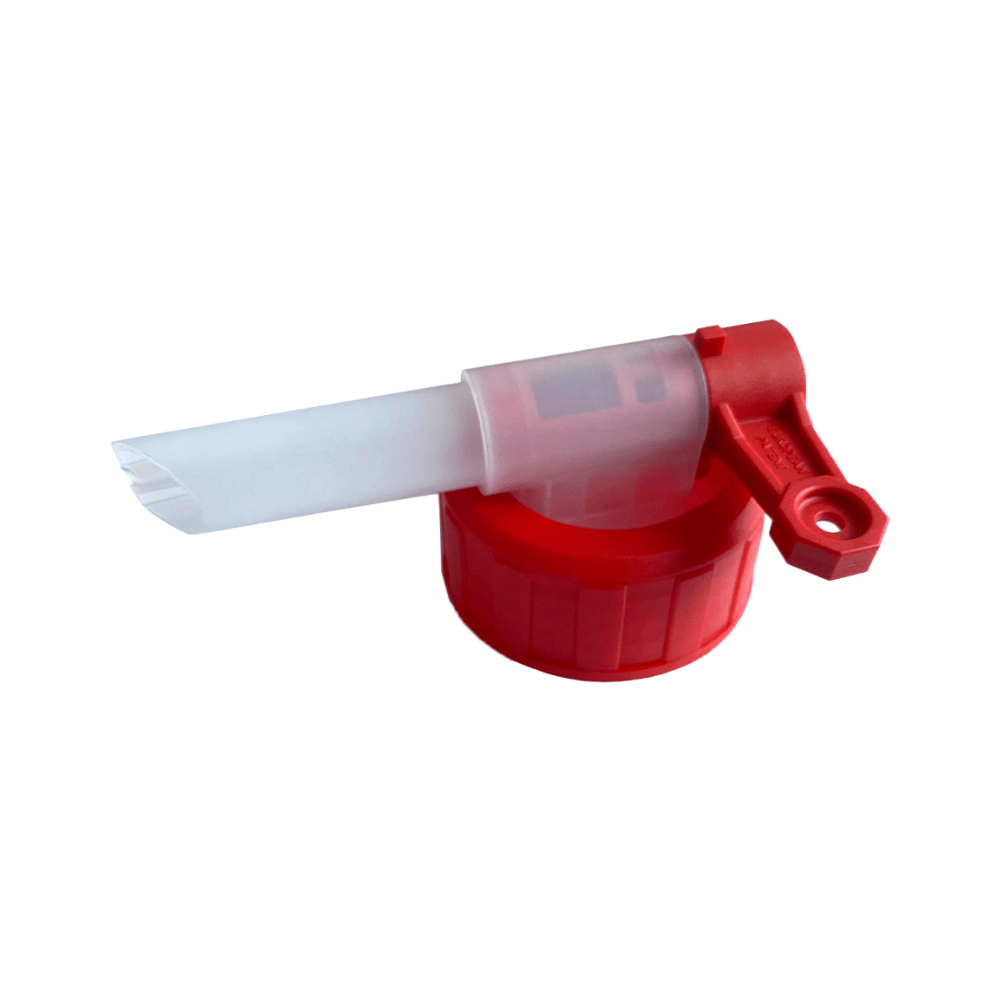 The Dr. Becher tap for 5/10-liter canisters is a red plastic cap with a white spout and filling tap technology for drip-free dispensing. It features a rotatable lever and a semi-transparent area on a plain white background – ideal for containers like the 10-liter canister.