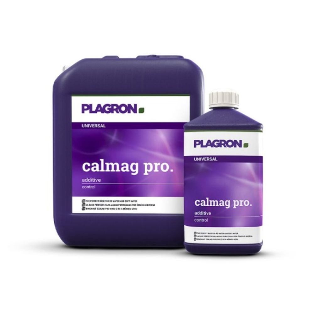 The image shows two containers of Plagron Calmag Pro from Bertels B.V. The larger one is a purple, square canister and the smaller one is a purple bottle. Both are labeled as "Supplement" in the "Universal" category and contain a calcium-magnesium formula for essential plant care.
